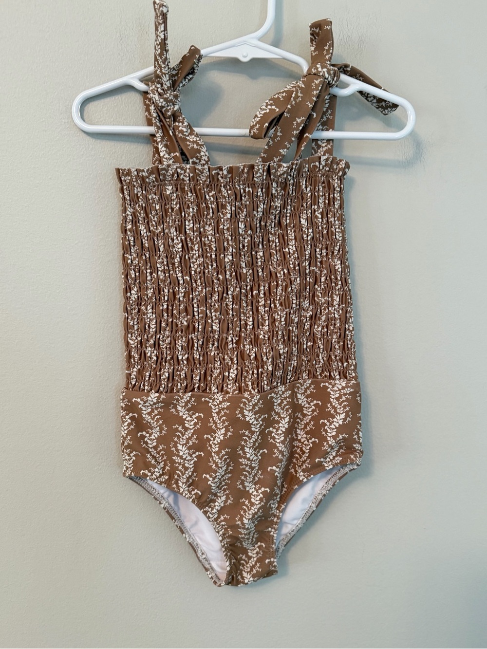 Minnow Brown Smocked One-Piece Swimsuit with White Floral Print
